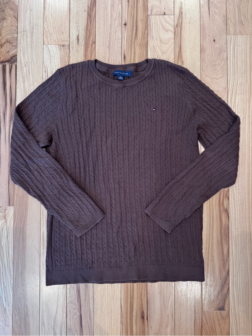 Tommy Hilfiger Women’s Brown Cable Knit Crewneck Cotton Sweater - Size X Large